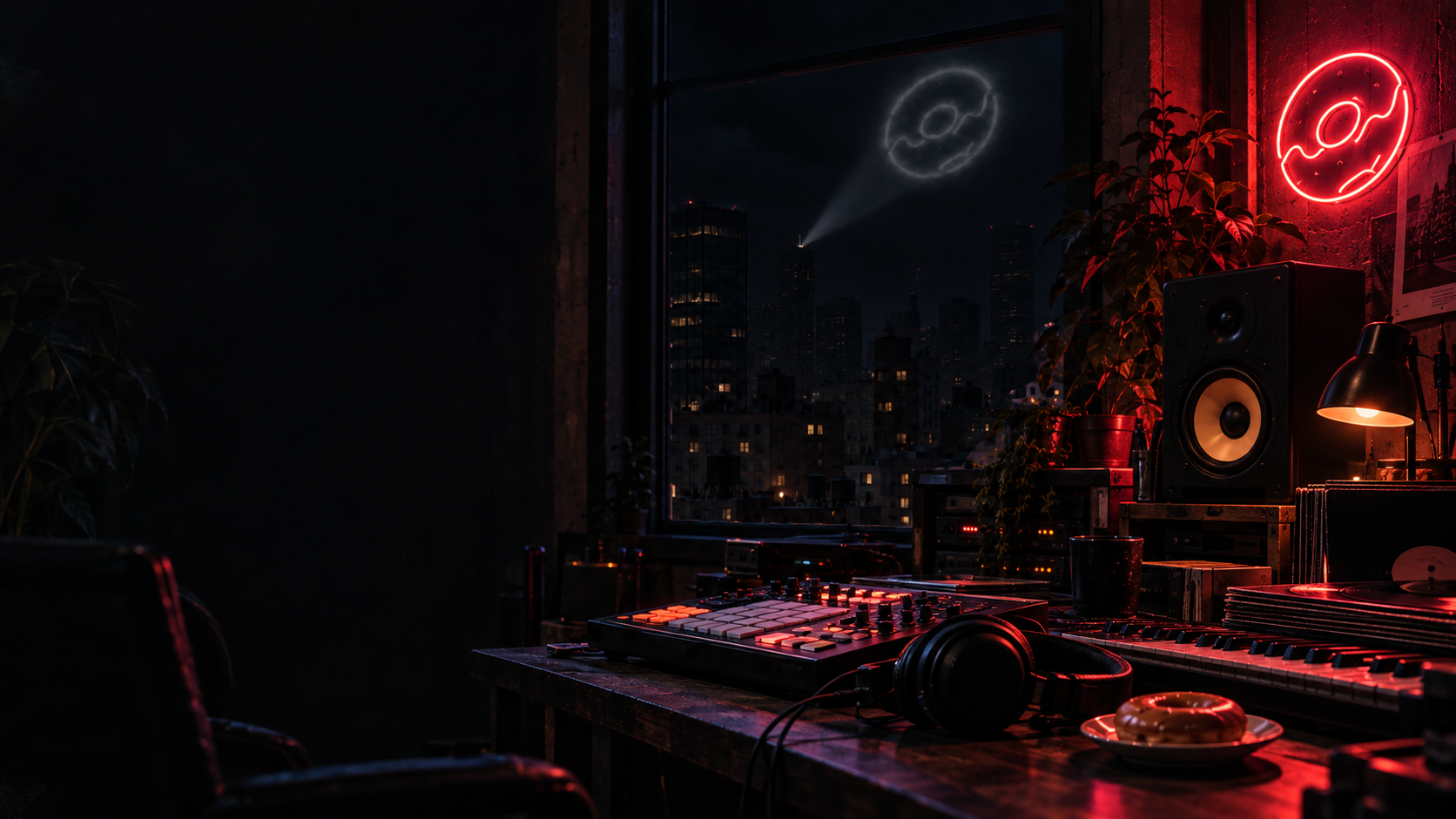 Studio musicale notturno, drum machine e finestra su grattacieli con il logo proiettato nel cielo